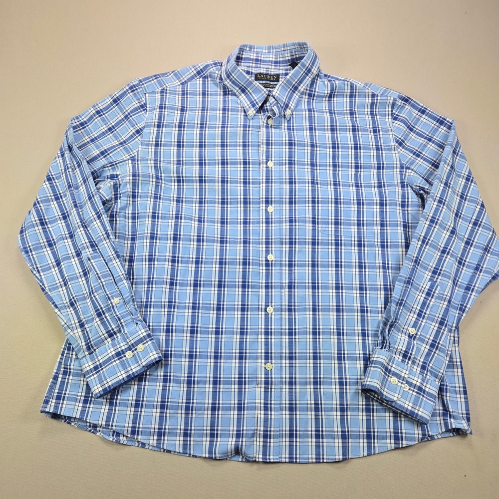Lauren Ralph Lauren Black Label Button Down Plaid Soft Stretch Blue Women 2XL